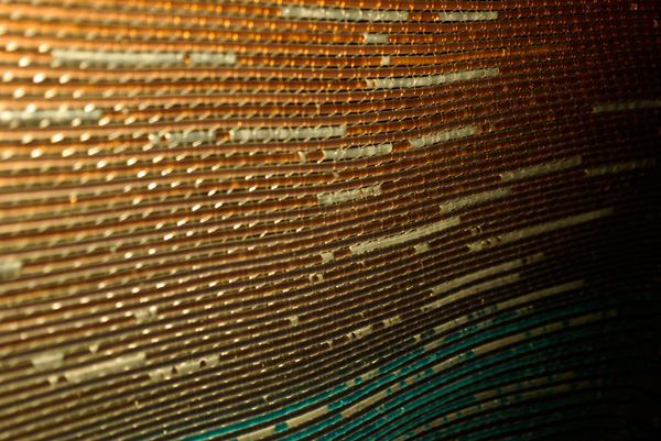 Fluid Fabric, 40in X 36in X 1/8in, polyethylene tubing, fishing line, coloured water, loom weave