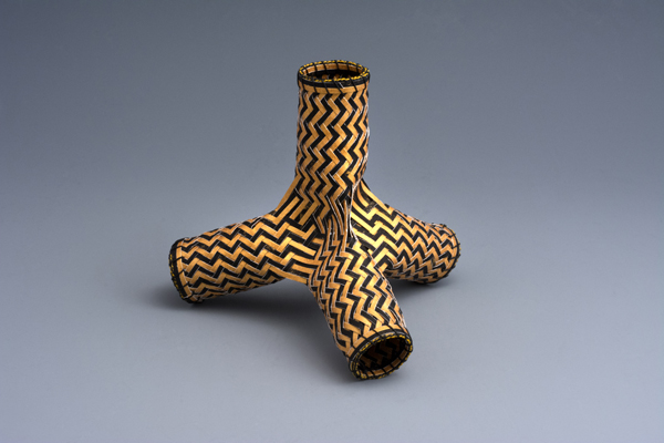 Tetrahedron, watercolor paper, acrylic paint, waxed linen thread, 2014, 6.5 x 6.5 x 6.5", diagonal twill woven basketry, sewn rim, Photo: Ken Rowe