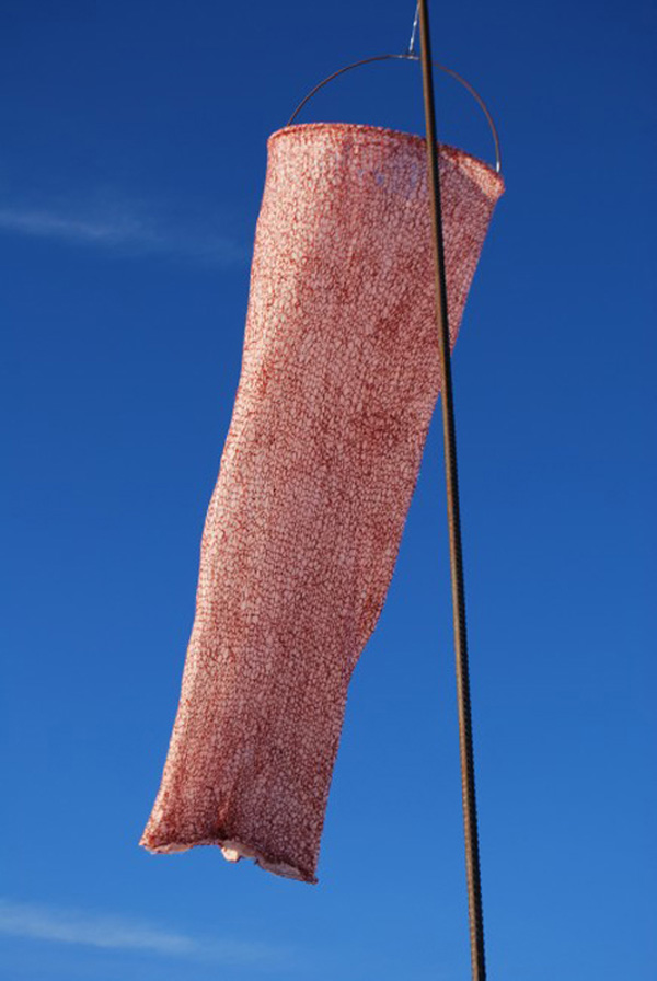 Detail of one element: Air over land, 320 cm H, other dimensions variable. Linen, wool, steel, wind, knitting, felt. Photo: M Kelly-Frère.