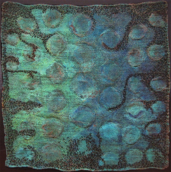 Encroachment, 2011, Hand-woven copper wire with patina, pastels, varnish and embroidery thread. 38 cm h by 38 cm w (mounted and framed).
