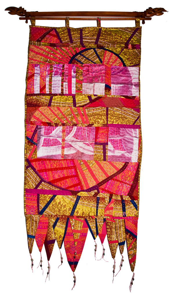 Aspara 6, 33W x 56H, fibre, textiles I collected in the region and cloth I created. Fibre techniques are drawing, painting, machine and hand sewing