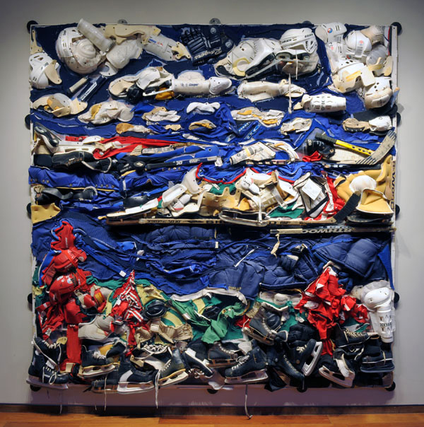 Apple Island, tiled digital printout and hockey gear on plywood, 96" x 96", 2006.