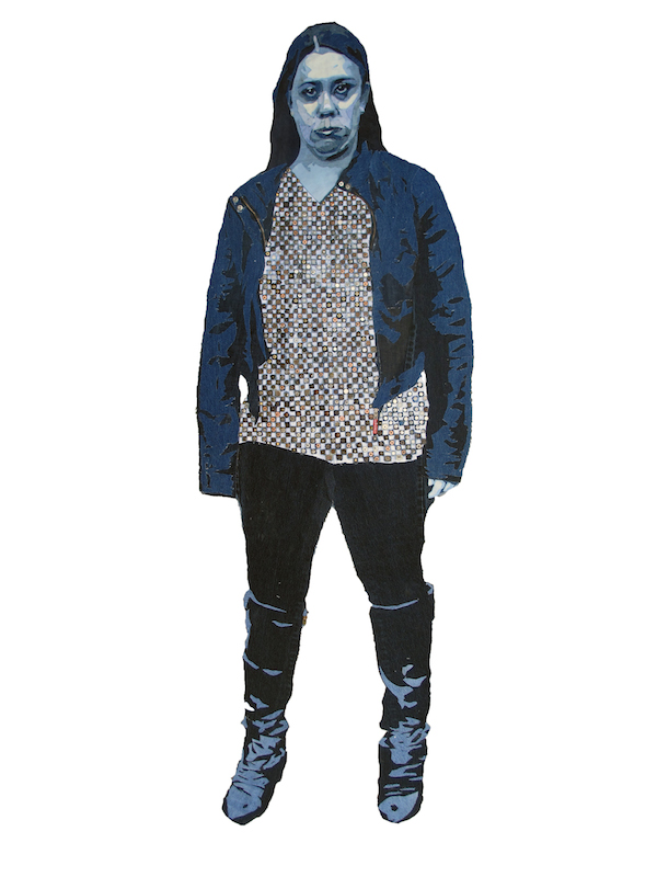 Meghann, denim, 2012, 69 x 30 inches, denim applique, Photo: James Arendt.