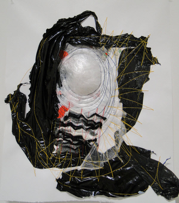 Untitled, plastic, wool, thread, canvas, 2013, 40.6 cm x 50.8 cm, machine stitched. Photo: Louise Keen.