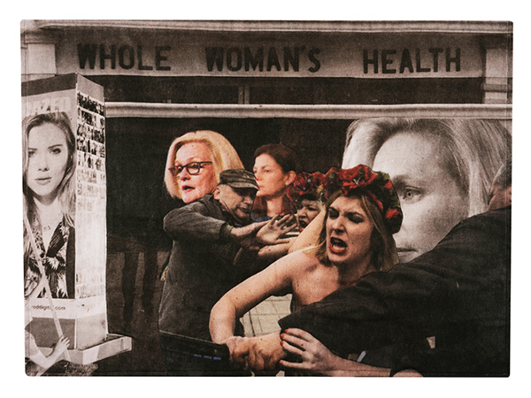 Never Wear Your Stress On Your Sleeve, NY Times 3/7/2014. Blanket hand-cut newspaper collage, fleece, commercial cotton fabric, canvas, digital print and machine quilted 2014, 36" x 49" Photo: Tom Fitzpatrick