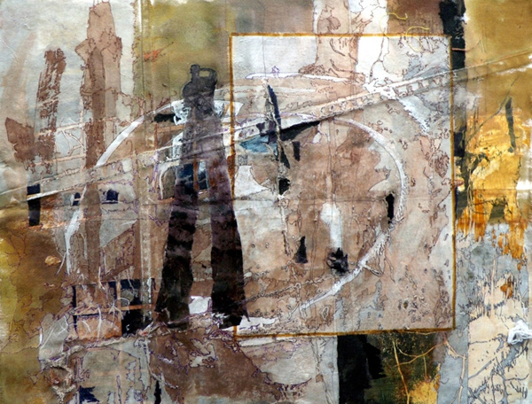 Mother Universe, 20" x 15" framed, collage on repaired canvas, pen and ink, machine stitched.