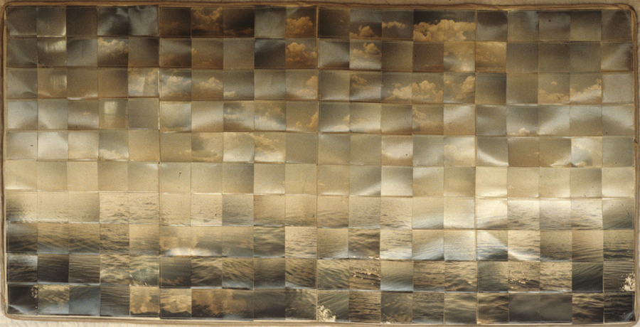 On The Lake. Photographs, cotton, thread, satin, stitched. 40" x 20" 1990. photo Judy Martin. collection of the Canada Council Art Bank