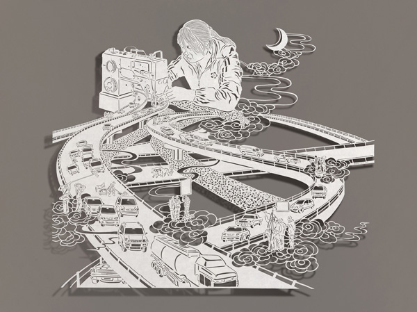 Sewing Highways, 25”x21”, Cut Paper, Chinese Rice Paper on Silk