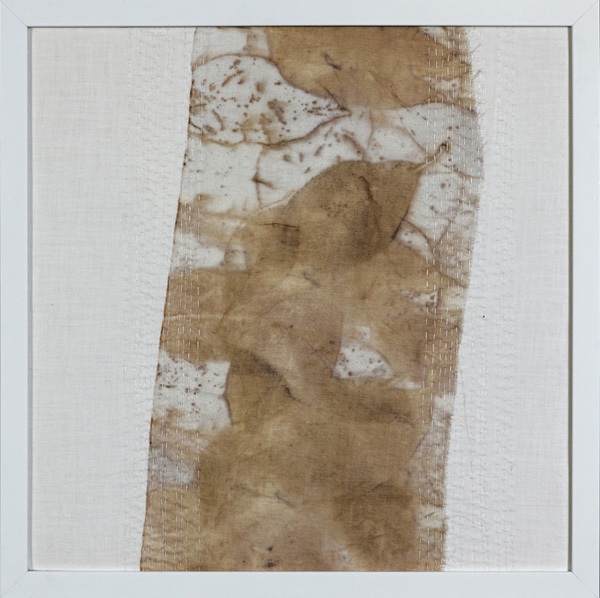 Dogwood Dance, 2011, 12" x12", eco printed silk organza, appliquéd on vintage linen, hand stitched, framed, photo: Peter Aaslestad