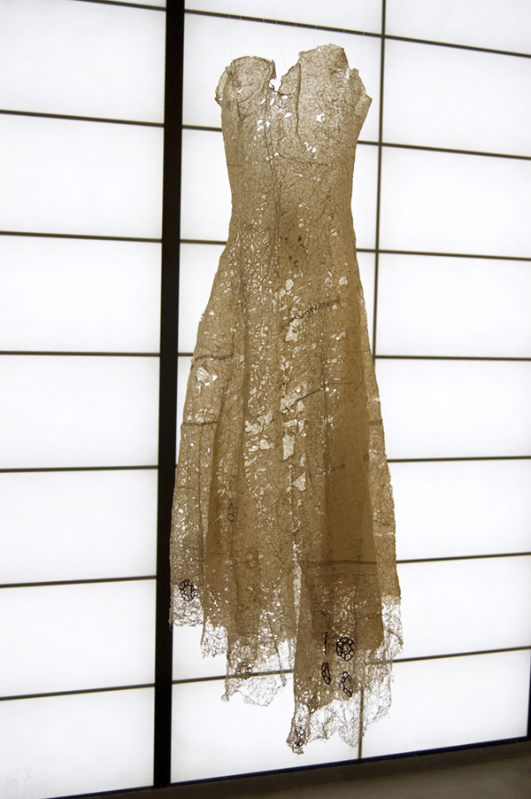 Expressions of the Incomprehensible – Elizabeth, free-motion embroidery on pattern tissue, with selective burning, 115 cm tall. Photo: Noelle Hamlyn.