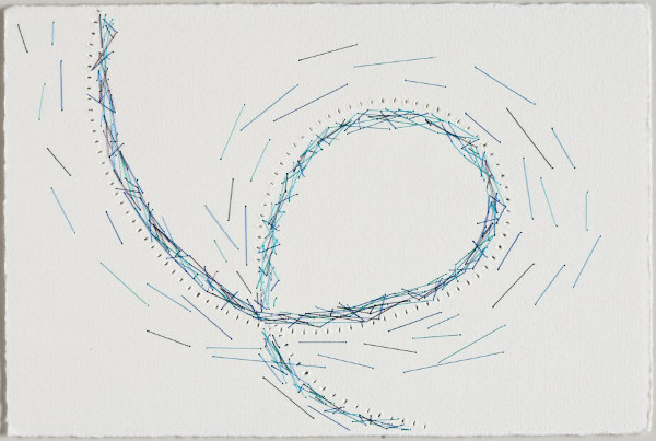 Threadlines Sketchbook: 73, 4.5 in H x 6.75 in W, filament silk sewing thread, 8 colours, on Medioevalis cardstock; Large perforations made on an industrial hemstitching machine; infill stitching/drawing all done by hand using a beading needle. Photo: R. Hensleigh.