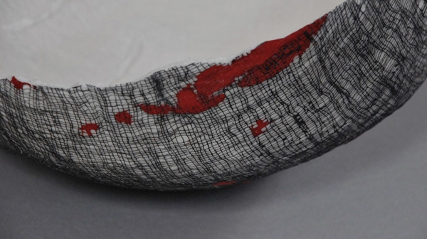 Detail: Vessel 25, 7"hx11"wx10.5"d' wool, cotton, wax, pigment: wet-felting, photo: Carmella Karijo Rother.