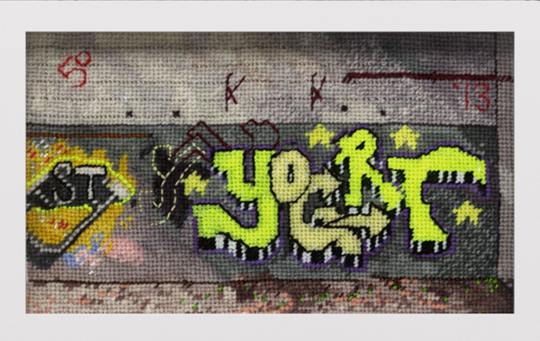 Detroit 4, canvas, wool, 2013, 8” x 5”, needlepoint, photo: J. Szot