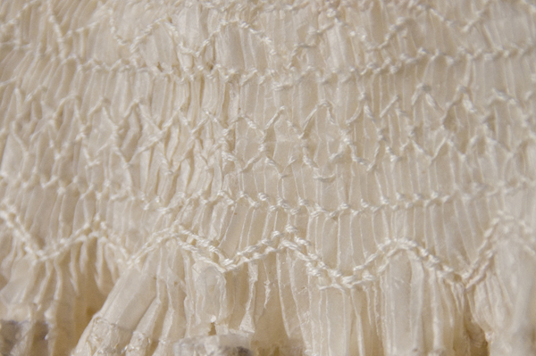 Ceremony (smocking detail), cotton free-motion embroidery on gampi tissue with hand smocking., Single garment 112 cm, 2011. Photo: Noelle Hamlyn.