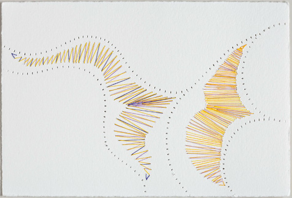 Threadlines Sketchbook: 94, 4.5 in H x 6.75 in W, waxed embroidery floss, 6 colours, on Arturo cardstock; Large perforations made on an industrial hemstitching machine; infill stitching/drawing all done by hand using a beading needle. Photo: R. Hensleigh