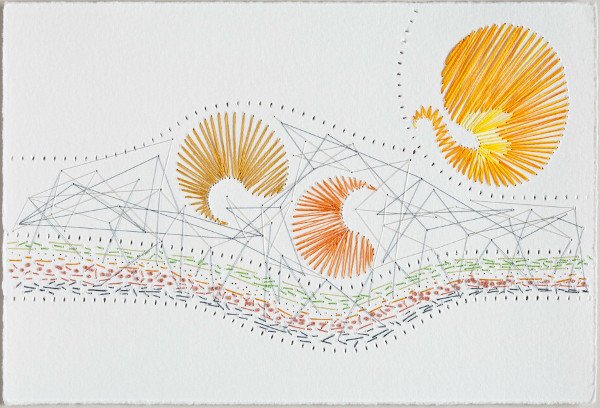 Threadlines Sketchbook: 77, 4.5 in H x 6.75 in W, waxed embroidery floss, 11 colours; filament silk sewing thread, 2 colours on Arturo cardstock; Large perforations made on an industrial hemstitching machine; infill stitching/drawing all done by hand using a beading needle. Photo: R. Hensleigh.