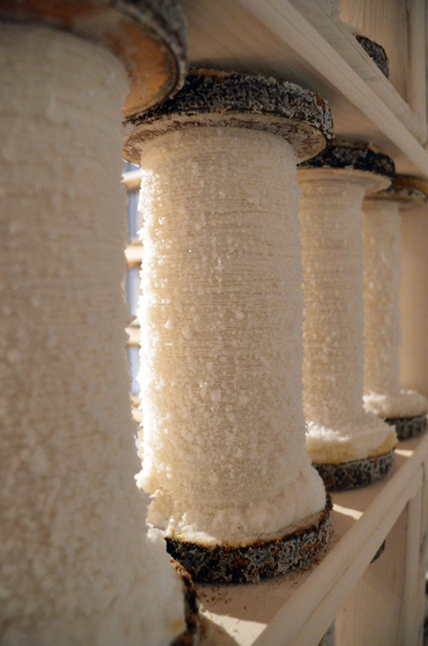 Spinning Jenny, salt and paper encrusted spinning wheel, 400 industrial bobbins filled with hand spun linen paper thread and encrusted with salt; hand built pine and hemlock shelves, 549 cm x 762 cm (room), 2013. Photo: Noelle Hamlyn