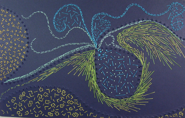 The Great Experiment, 7in H x 11 in W, waxed cotton sewing thread, 7 colours, on dark blue cover stock; Large perforations made on an industrial hemstitching machine; infill stitching/drawing all done by hand using a beading needle. Photo: D. Slowinski