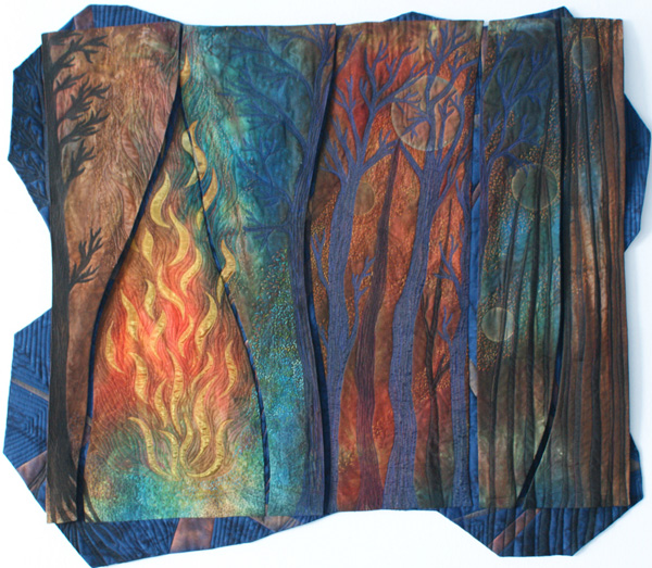 Aglow, 41.5”h x 48” w x 1” d, fibre, collage, quilting