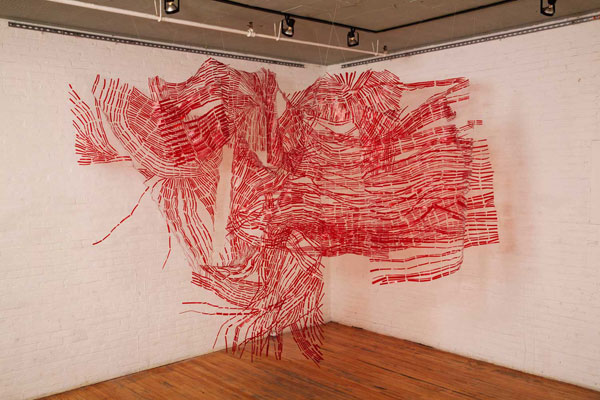 Timelines, machine sewn Rubylith®, tulle, 2014, 15' x 10' x 10' Photo: Steve Wagner