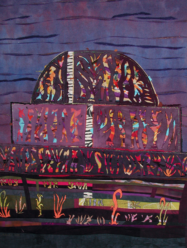 Ancient Echoes, 21" x 28", Quilt. Cotton, silk, dyed, screen-printed, machine pieced, reverse appliqué, machine quilted. Photo: David Caras