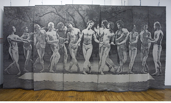 Le Dernier Déjeuner sur l'herbe, 2005. Jacquard weaving, From a choreography entitled La Cérémonie by Fernand Nault. The photograph of the dancers by Ronald Labelle. The background olive tree, a photo by Louise Lemieux Berube. Cotton and linen, 267x528 cm. Collection of Place des Arts in Montreal