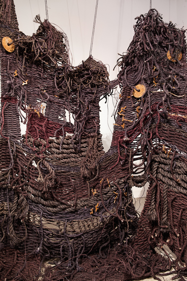 For Lethe, detail, 2014, 8’H x 4’D x 8’W, hand-dyed sisal rope & rusted steel. Technique: Handmade, hand-dyed large-scale weaving loom tapestry using plain & soumak weaves.