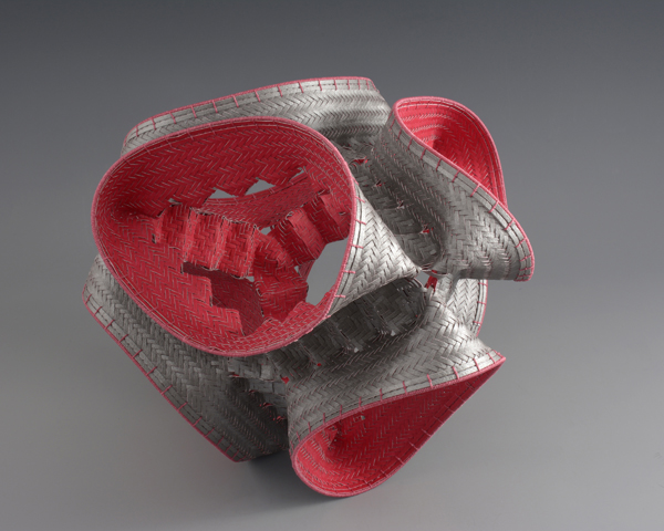 Tetrahedron 3, watercolor paper, acrylic paint, waxed linen thread, 2014, 13 x 13 x 13", diagonal twill woven basketry, sewn rim, Photo: Ken Rowe