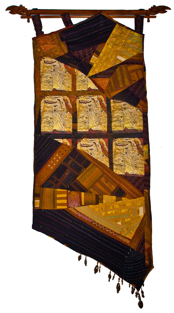 Aspara 9, 34W x 60H, fibre, textiles I collected in the region and cloth I created. Fibre techniques are drawing, painting, machine and hand sewing