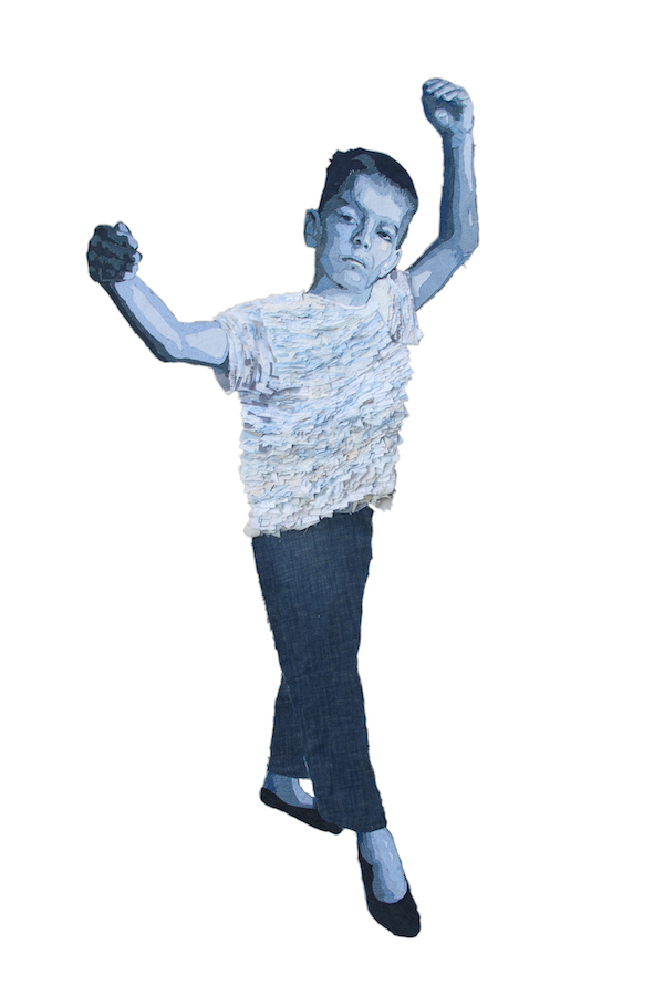 Ian, denim, pocket linings, 2013, 50 x 40 inches, denim applique, Photo: James Arendt.