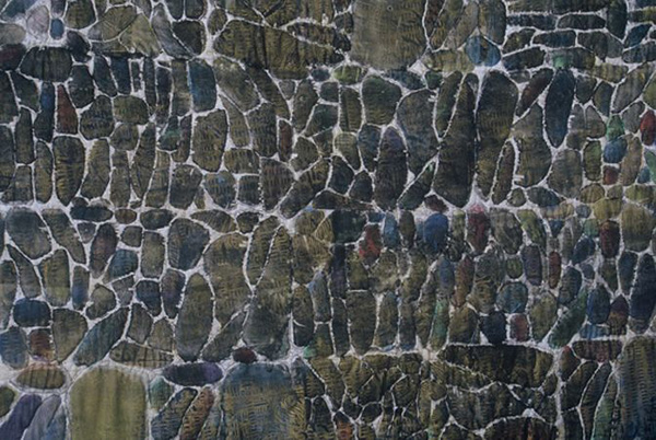 Dun, woodblock and softoleum printed, painted and embroiderd silk, 96 x 55 inches 2004