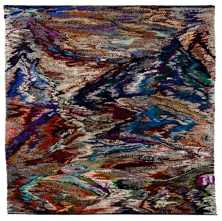 Høfn view from my tent, 125 x 125 cm, woven tapestry, wool, cotton, flax silk