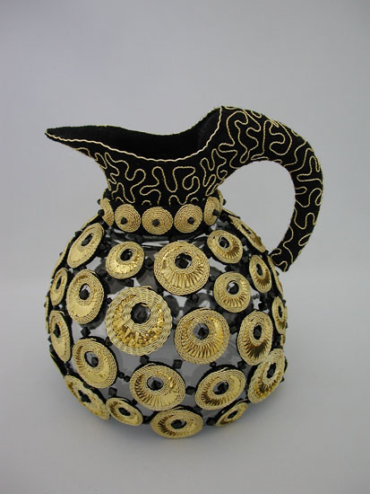 Jug (working title), 8"hx5"wx5"d, wool, cotton, metal and metallic threads, wire, crystal beads, polyester fibrefill, glass bowl, contemporary goldwork (stitch), photo: C. Jackson  