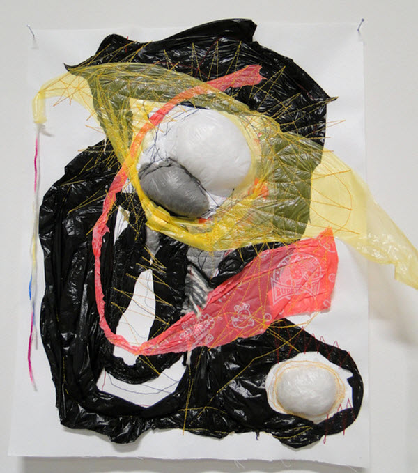 Untitled, plastic, wool, thread, canvas, 2013, 40.6 cm x 50.8 cm, machine stitched. Photo: Louise Keen.