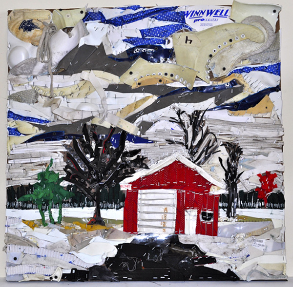 Pankey's Garage, oil paint and recycled hockey gear on board, 28" x 28", 2011.