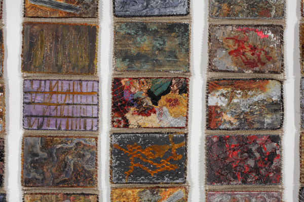 Detail: Postcards from the Scrapyard, mixed media, painting, rusting, burning, hand stitching    54"x37.5"x0.5", 2009,  photo: Bob McNair