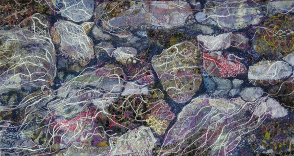 Riverbed, 26" x 15" framed, painted scraps collaged to recycled fabrics, silk chiffon scarf, recycled and found objects.