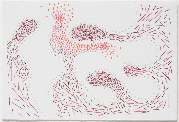 Rupture, 4.5 in H x 6.75 in W, waxed embroidery floss, 4 colours, on Arturo cardstock; Large perforations made on an industrial hemstitching machine; infill stitching/drawing all done by hand using a beading needle. Photo: R. Hensleigh.