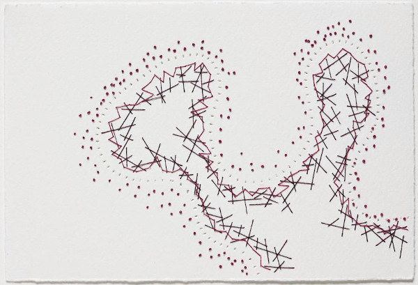 Gout, 4.5 in H x 6.75 in W, waxed embroidery floss, two colours, on Arturo cardstock; Large perforations made on an industrial hemstitching machine; infill stitching/drawing all done by hand using a beading needle. Photo credit: R. Hensleigh.