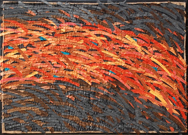 Confetti 2, Confetti Series, 20hx28w inches, silk, thread, collage of silk pieces, machine stitched and mounted on painted canvas. Photo: Carmella Karijo Rother.