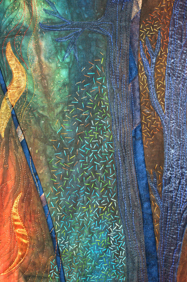 Detail: Aglow, 41.5”h x 48” w x 1” d, fibre, collage, quilting