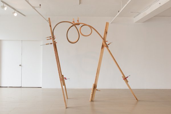 Spatial Drawing II, CIRCA Art Contemporain, Montréal, QC. Hand-bent hardwood (red oak), lumber, clamps, 2012/2014, 96"H x 90" W x 36" D, wood-bending. Photo: Paul Litherland.