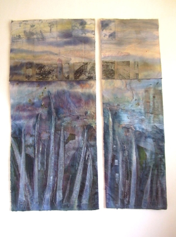 Marsh Grass, Waterland series, Commissioned piece for a teachers retirement. Incorporates Children's signatures in the horizon line. Two panel piece, paper and textiles layers, dye, paint, print, machine and hand embroidery, 170x130cm. Photo: Cas Holmes.