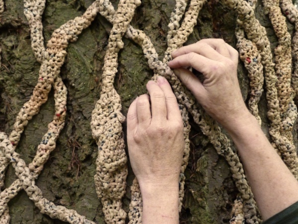 Roots & Vines (in process), crocheted plastic bags & tree, installation: Port Angeles Fine Art Center, WA, photo: Shirley Wiebe