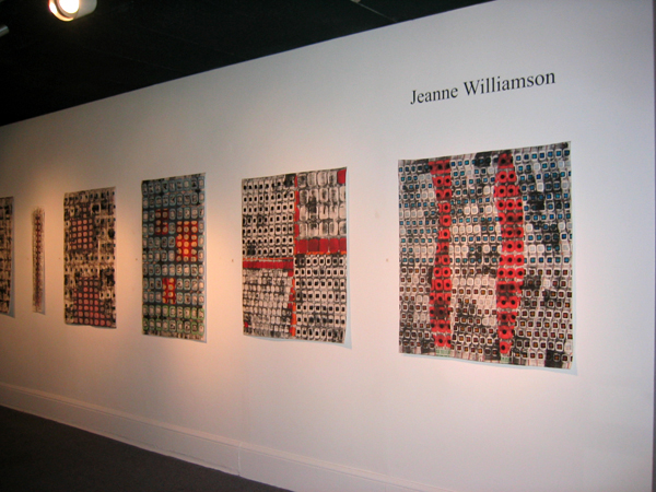 Jeanne Williamson: Art Quilts exhibit, Danforth Art Museum, Framinhgam, MA, USA, 100% cotton, paint, thread, Monoprinted, handstamped, handpainted, stitched, machine quilted, Photo credit: Jeanne Williamson.