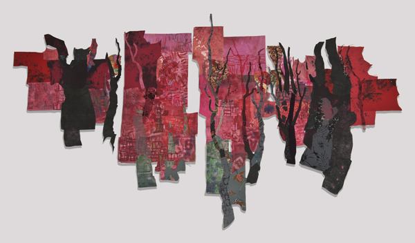 Edge of Darkness VIII: Burnt Trees, 2012, 10'wx5'h, painted and printed vintage linens and deconstructed clothing, machine stitching.