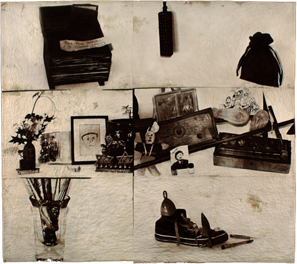 Large Regional Still Life, 60 x 72 inches, Hand dyed fabric, van dyke print and discharge, van dyke print, hand pieced, hand quilted, raw edge binding. Photo: Mark Frey.