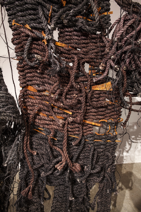 For Lethe, detail, 2014, 8’H x 4’D x 8’W, hand-dyed sisal rope and rusted steel. Technique: Handmade, hand-dyed large-scale weaving loom tapestry using plain & soumak weaves. Photo: Thomas Blanchard.
  