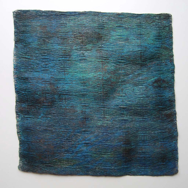 Waiting, 2010, Hand-woven copper wire in undulating twill with patina and varnish. 46 cm h by 46 cm w.