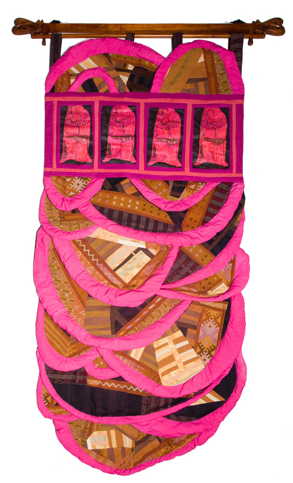 Aspara 7, 33W x 56H, fibre, textiles I collected in the region and cloth I created. Fibre techniques are drawing, painting, machine and hand sewing